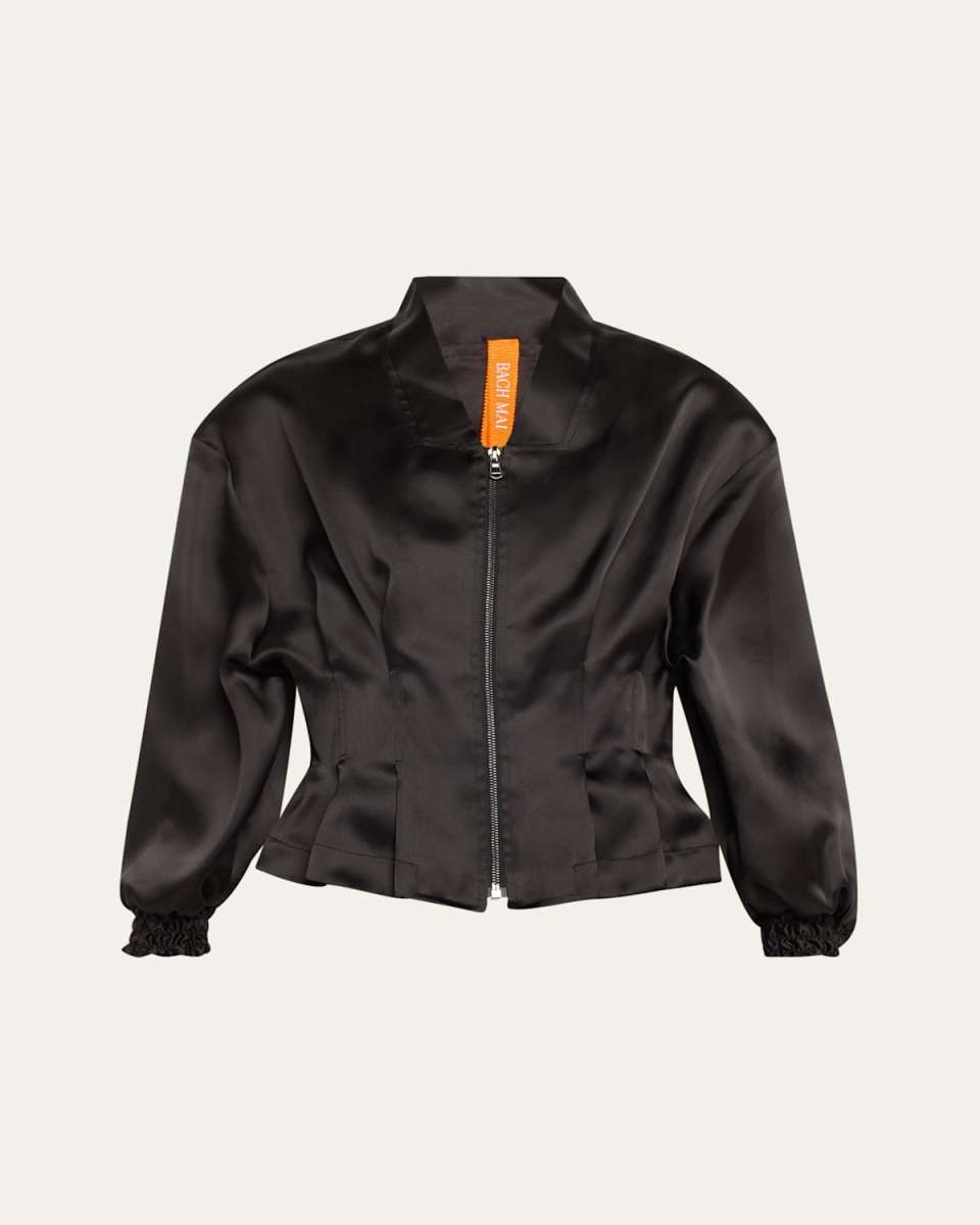 Nipped-Waist Peplum Silk Bomber Jacket